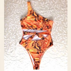 Missguided Womens Bathing Suit Size 2 Orange Snake Print One Shoulder Beach Pool